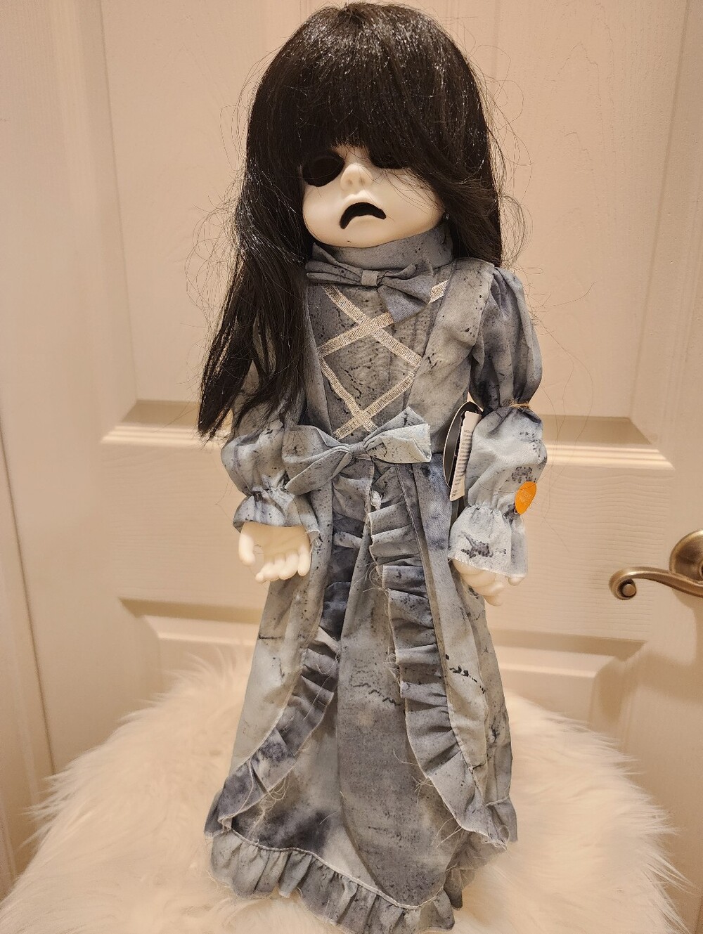 Spooky Black-Haired Ghost Doll in Grey Dress - Unbranded